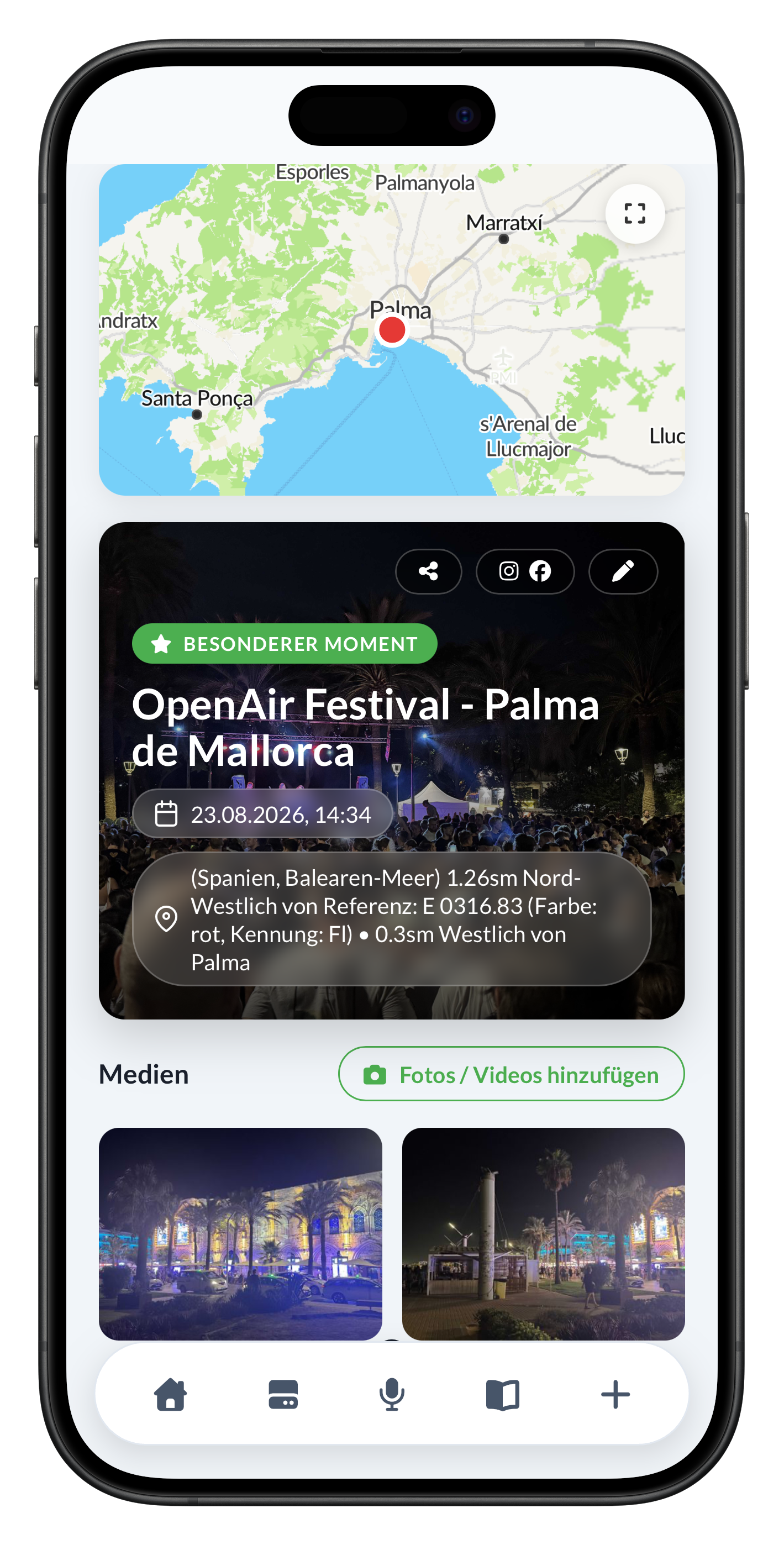 Highlight eines besonderen Moments mit Ort, Zeit und Medien in der App